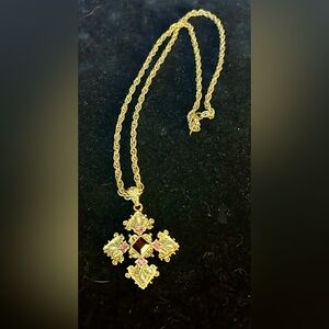1928 Gold CrossNecklace with Pink and Red Accents